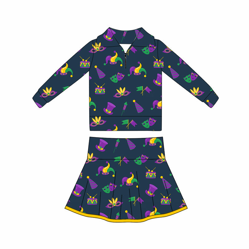 ( Moq 5 ) Preorder Baby Girls Zipper Anchors Masks Tops Shorts Skirt Skorts Yoga Mardi Gras Set