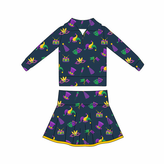 ( Moq 5 ) Preorder Baby Girls Zipper Anchors Masks Tops Shorts Skirt Skorts Yoga Mardi Gras Set