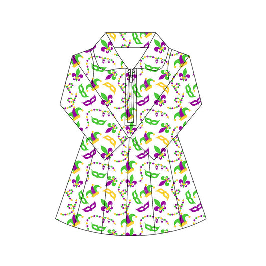 ( Moq 5 ) Preorder Baby Girls Mardi Gras Long Sleeves Masks Yoga Active Zipper Shorts Dress