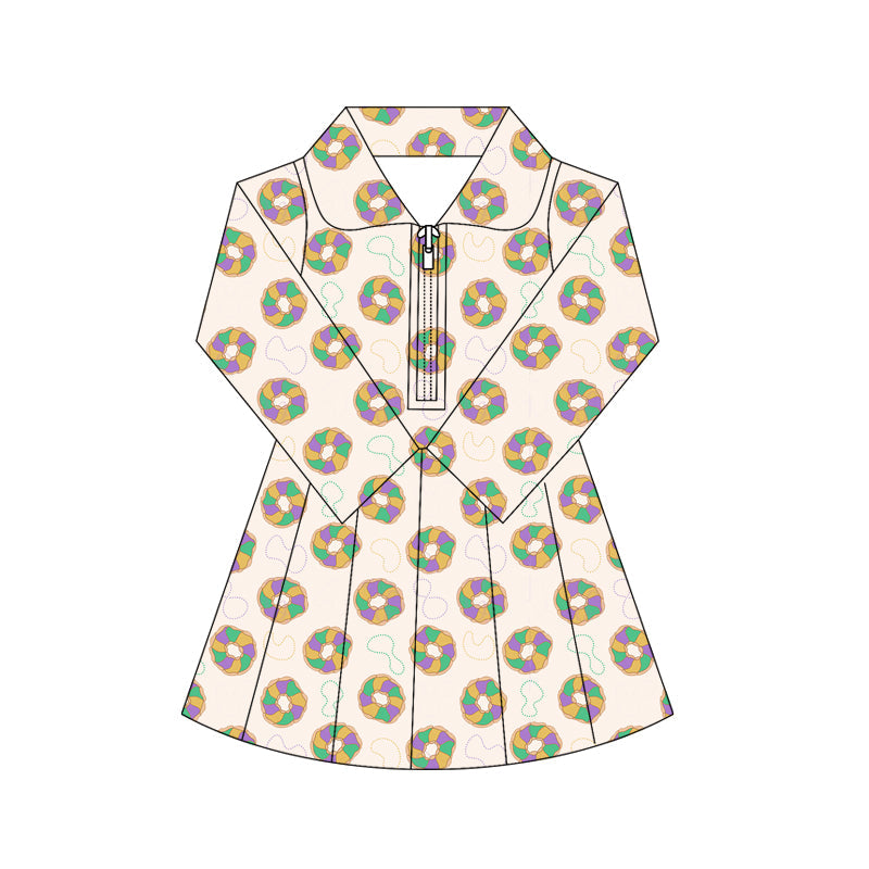( Moq 5 ) Preorder Baby Girls Mardi Gras Long Sleeves Donuts Yoga Active Zipper Shorts Dress
