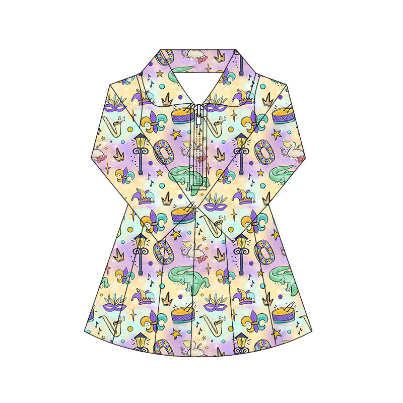 ( Moq 5 ) Preorder Baby Girls Long Sleeves Anchors Yoga Active Mardi Gras Zipper Shorts Dress