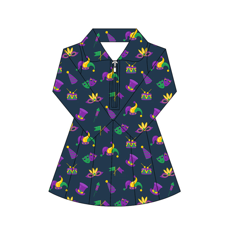 ( Moq 5 ) Preorder Baby Girls Mardi Gras Long Sleeves Masks Yoga Active Zipper Shorts Dress