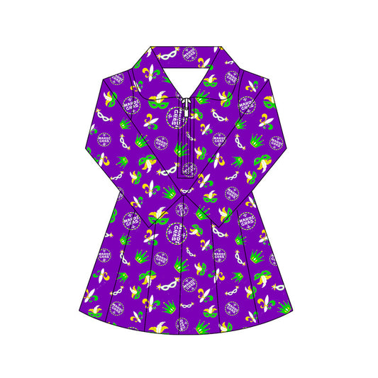 ( Moq 5 ) Preorder Baby Girls Mardi Gras Long Sleeves Anchors Masks Purple Yoga Active Zipper Shorts Dress