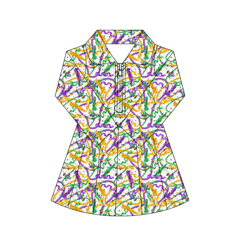 ( Moq 5 ) Preorder Baby Girls Toddler Mardi Gras Long Sleeves Yoga Active Zipper Shorts Dress