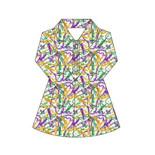 ( Moq 5 ) Preorder Baby Girls Toddler Mardi Gras Long Sleeves Yoga Active Zipper Shorts Dress