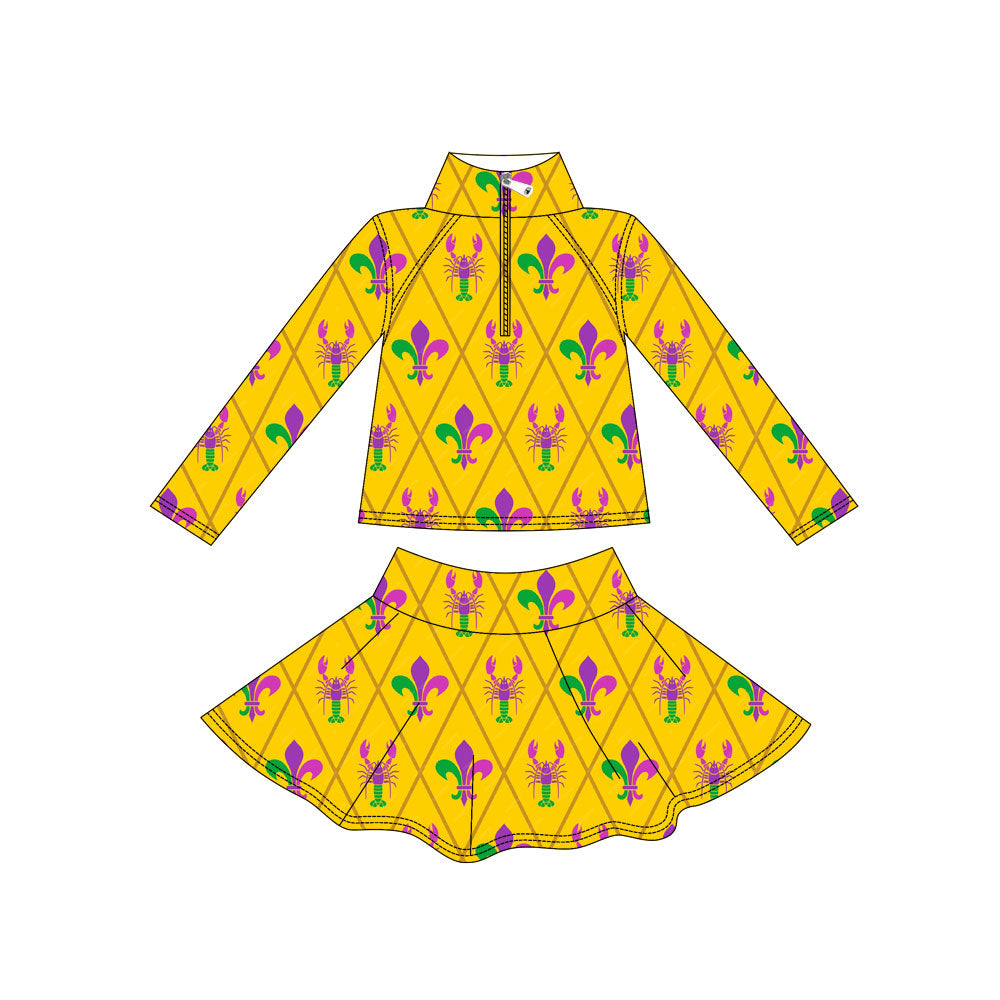 ( Moq 5 ) Preorder Baby Girls Long Sleeves Crawfish Anchors Zipper Shirt Skirt with Shorts Yoga Mardi Gras Set