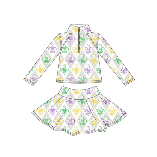 ( Moq 5 ) Preorder Baby Girls Long Sleeves Zipper Shirt Anchors Plaid Skirt with Shorts Yoga Mardi Gras Set