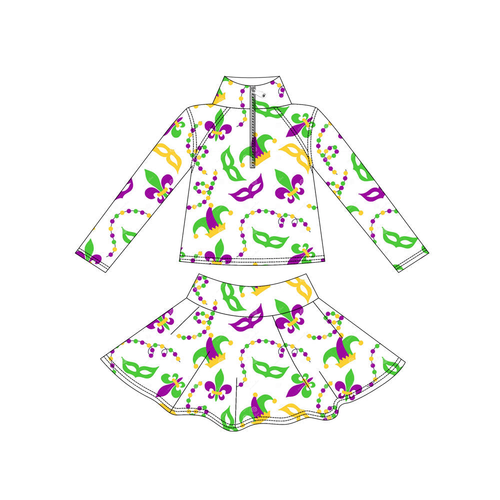 ( Moq 5 ) Preorder Baby Girls Long Sleeves Zipper Shirt Anchors Masks Skirt with Shorts Yoga Mardi Gras Set