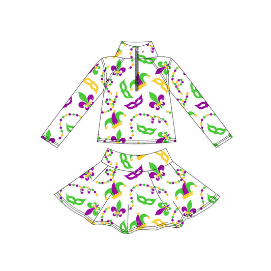 ( Moq 5 ) Preorder Baby Girls Long Sleeves Zipper Shirt Anchors Masks Skirt with Shorts Yoga Mardi Gras Set