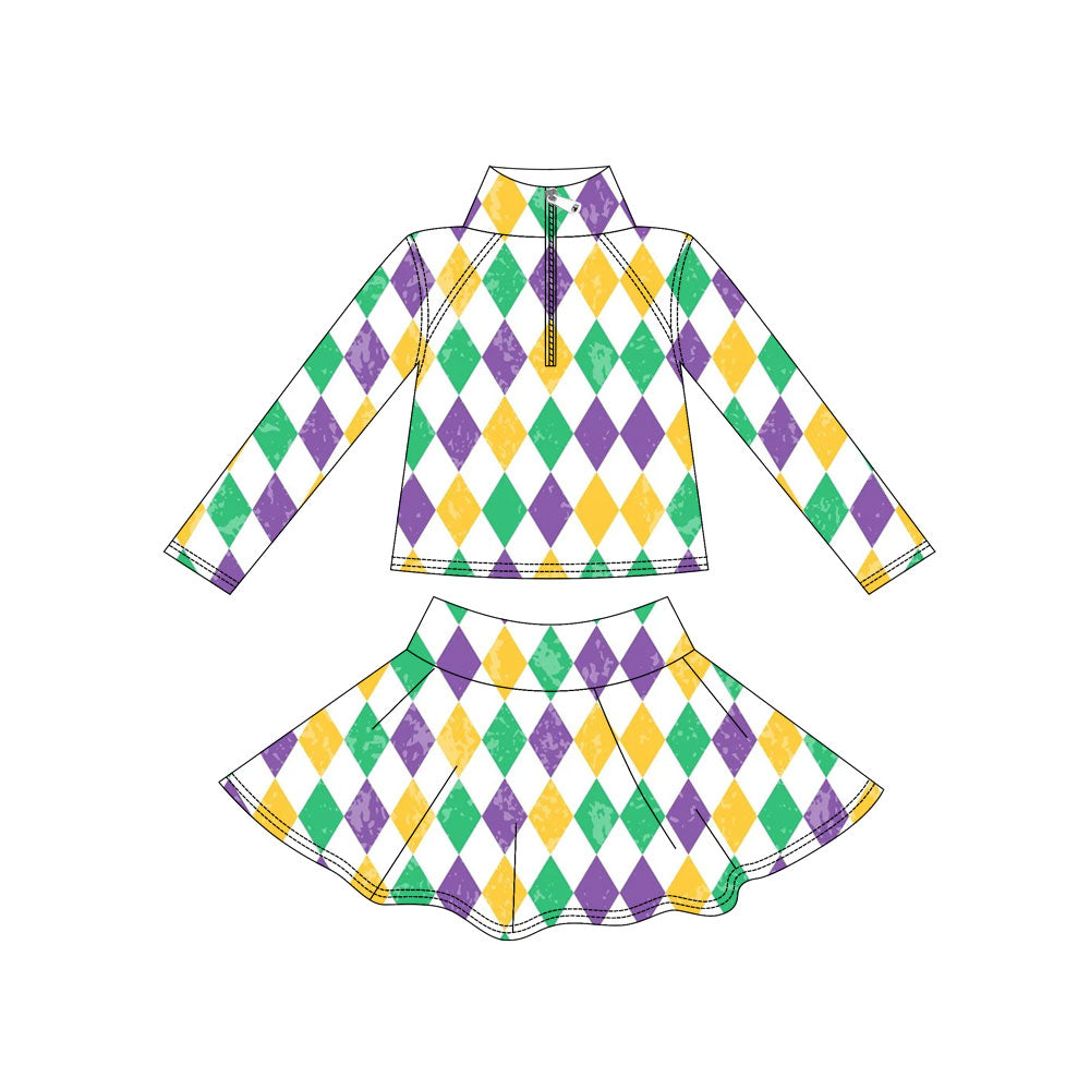( Moq 5 ) Preorder Baby Girls Long Sleeves Plaid Zipper Shirt Skirt with Shorts Yoga Mardi Gras Set