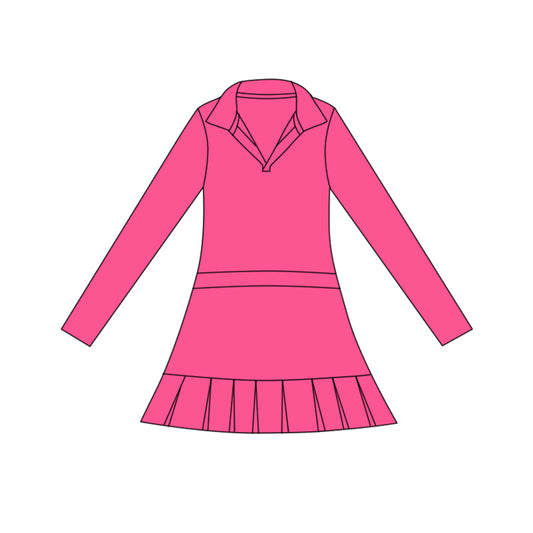 ( Moq 5 ) Preorder Baby Girls Hot Pink Long Sleeve Ruffle Knee Length Yoga Dress