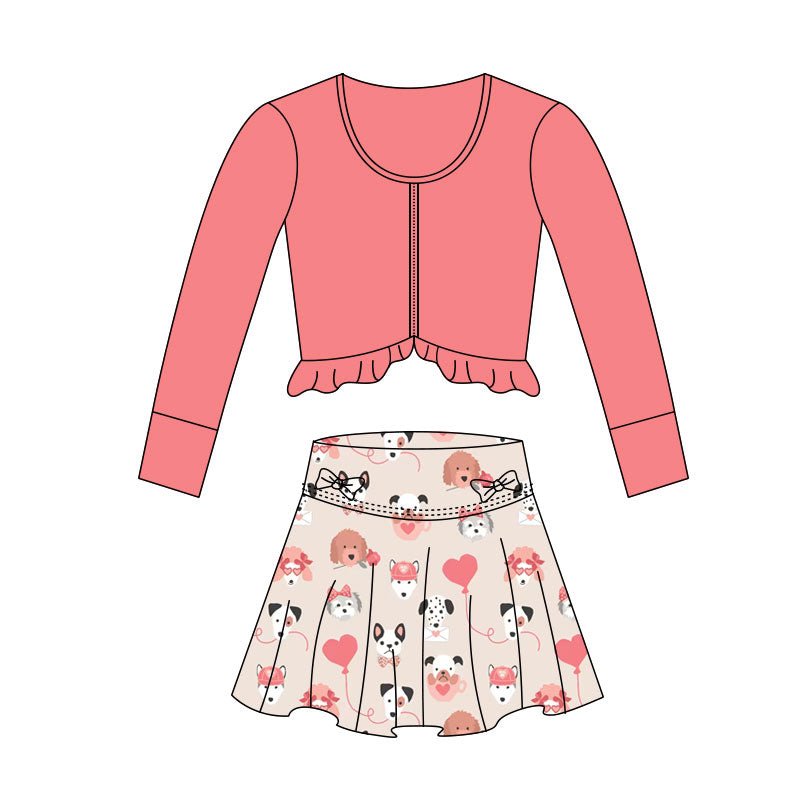 ( Moq 5 ) Preorder Baby Girls Long Sleeves Zipper Tops Dogs Hearts Skirt with Shorts Yoga Valentine Set