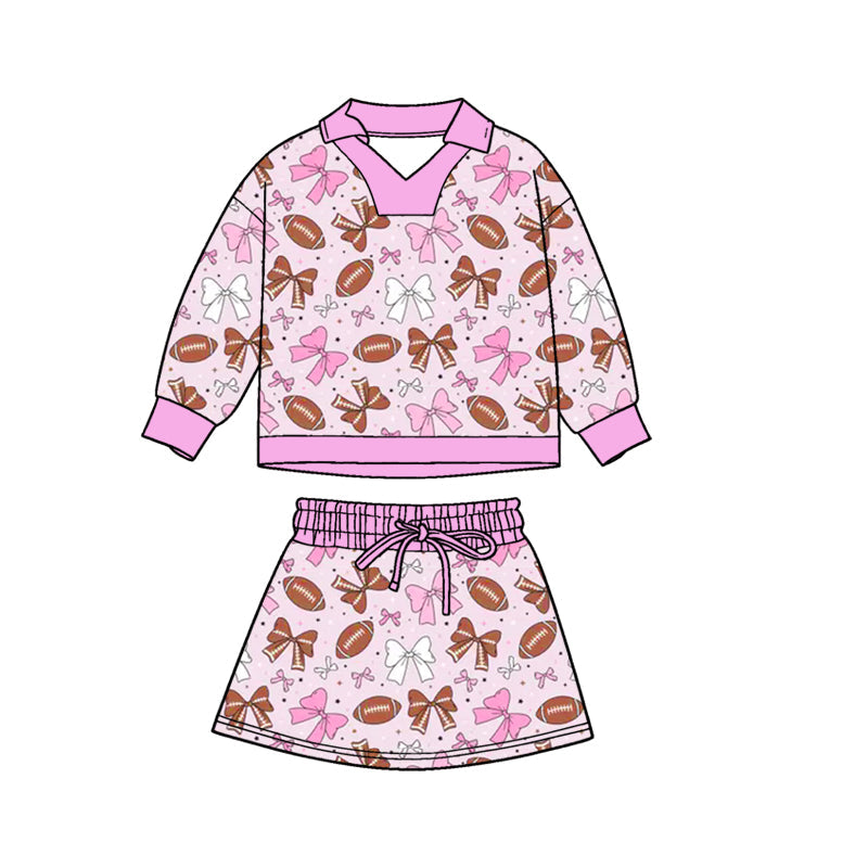 ( Moq 5 ) Preorder Baby Girls Long Sleeves Football Pink Bows Shirt Skirt Clothes Set