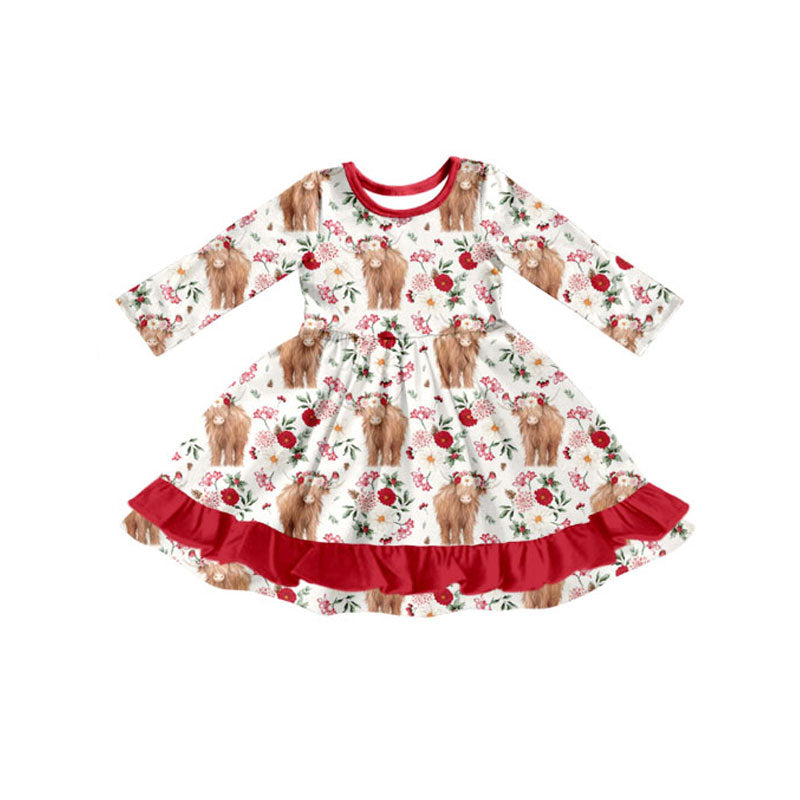 ( Moq 5 ) Preorder Baby Girls Long Sleeves Cow Flower Western Ruffle Knee length Dress