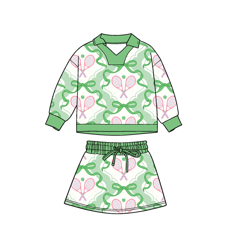 ( Moq 5 ) Preorder Baby Girls Long Sleeves Bows Tennis Shirt Skirt Shorts Clothes Green Set