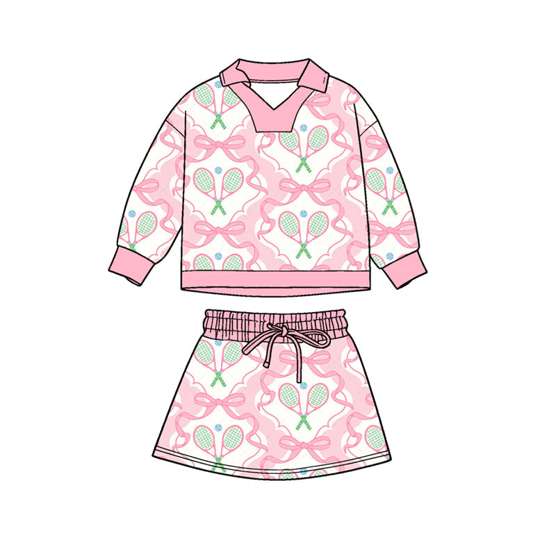 ( Moq 5 ) Preorder Baby Girls Long Sleeves Bows Tennis Shirt Skirt Shorts Clothes Pink Set