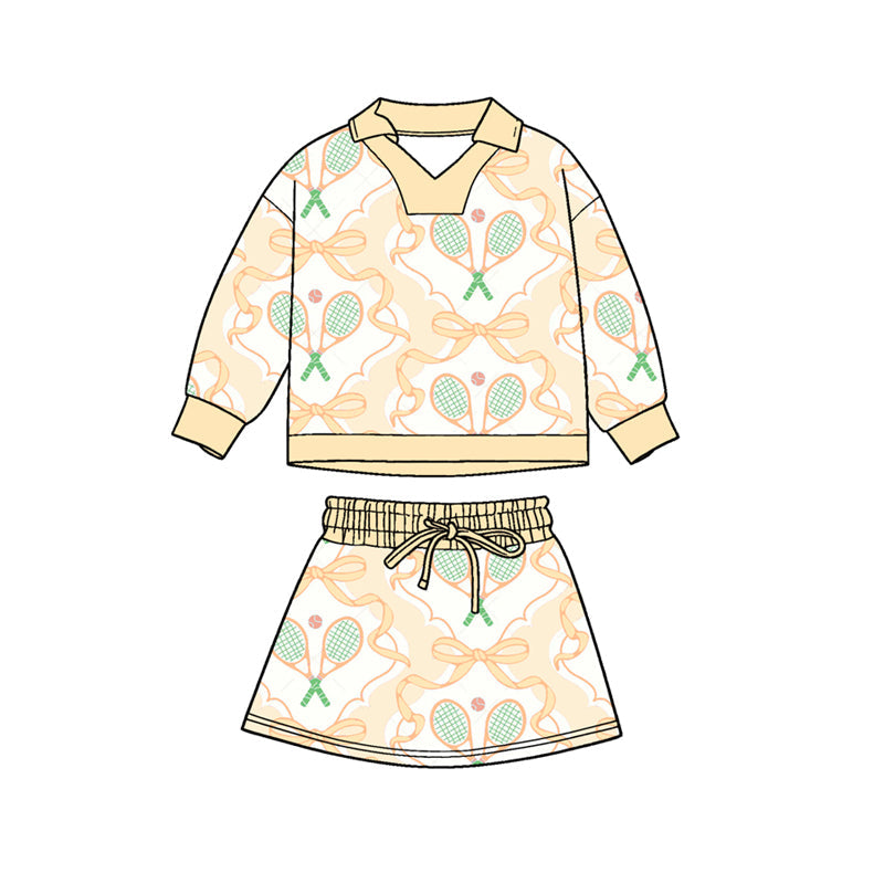 ( Moq 5 ) Preorder Baby Girls Long Sleeves Bows Tennis Shirt Skirt Shorts Clothes Yellow Set