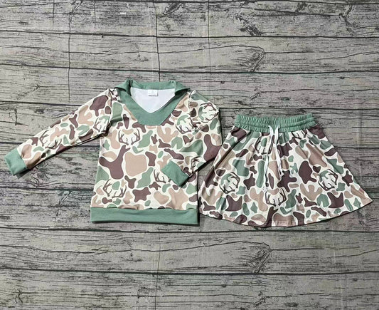 ( No moq ) Preorder Baby Girls Long Sleeves Deer Camo Shirt Skirt Shorts Clothes Set