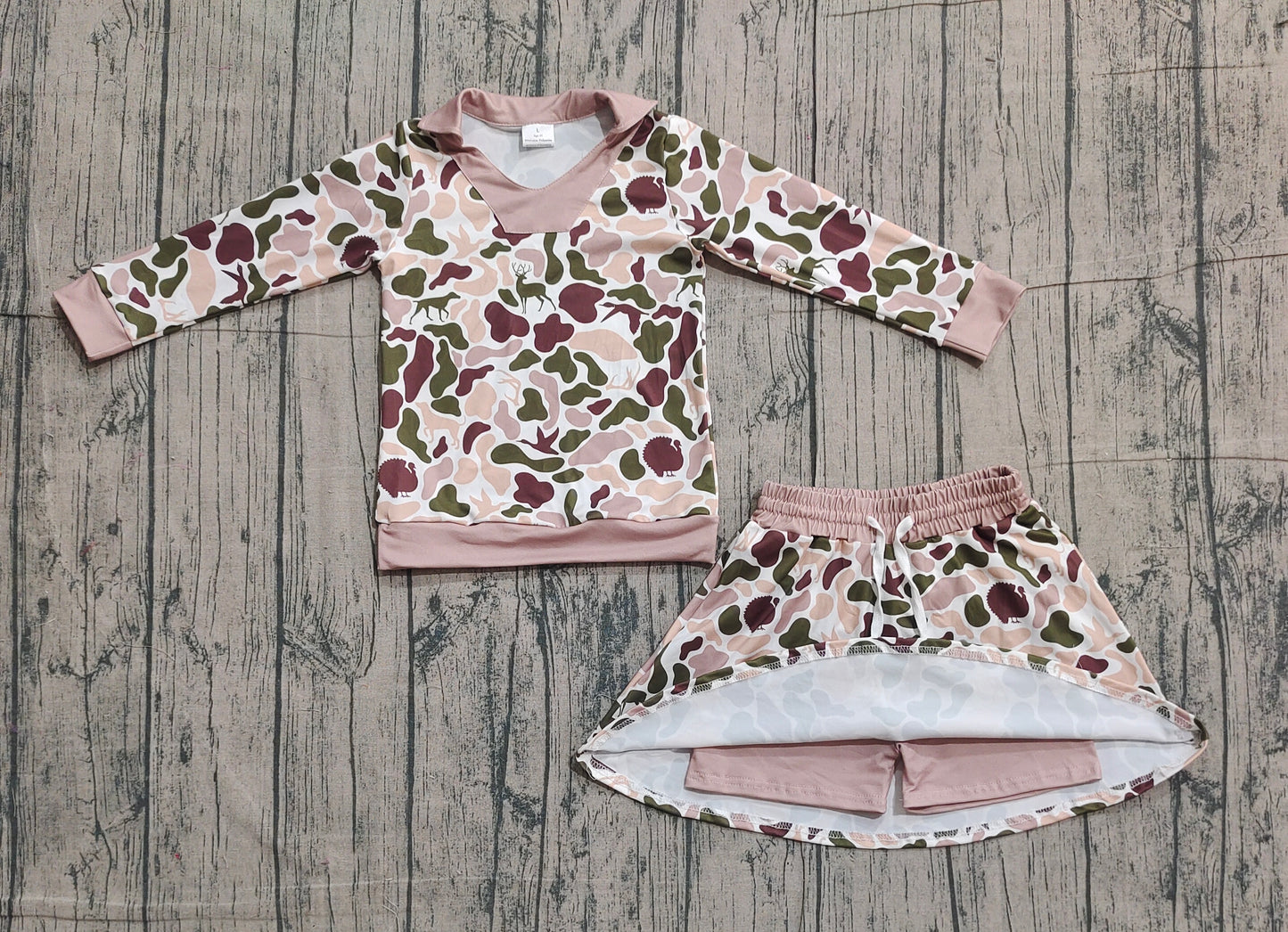 Baby Girls Long Sleeves Dogs turkey Deer Shirt Skirt Shorts Clothes Camo Set RTS