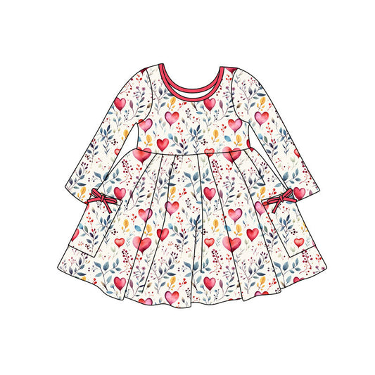 ( Moq 5 ) Preorder Baby Girls Kids Long Sleeves Hearts Bows Pockets Valentine Knee Length Dress
