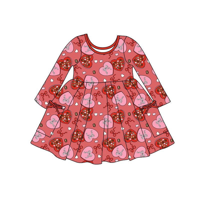 ( Moq 5 ) Preorder Baby Girls Kids Long Sleeves Valentine Hearts Bows Pockets Knee Length Dress