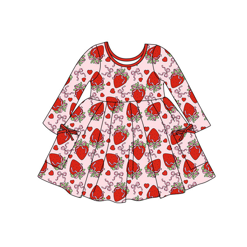 ( Moq 5 ) Preorder Baby Girls Kids Long Sleeves Strawberry Hearts Bows Pockets Valentine Dress