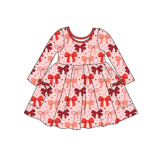 ( Moq 5 ) Preorder Baby Girls Kids Hearts Bows Long Sleeves Pockets Valentine Knee Length Dress
