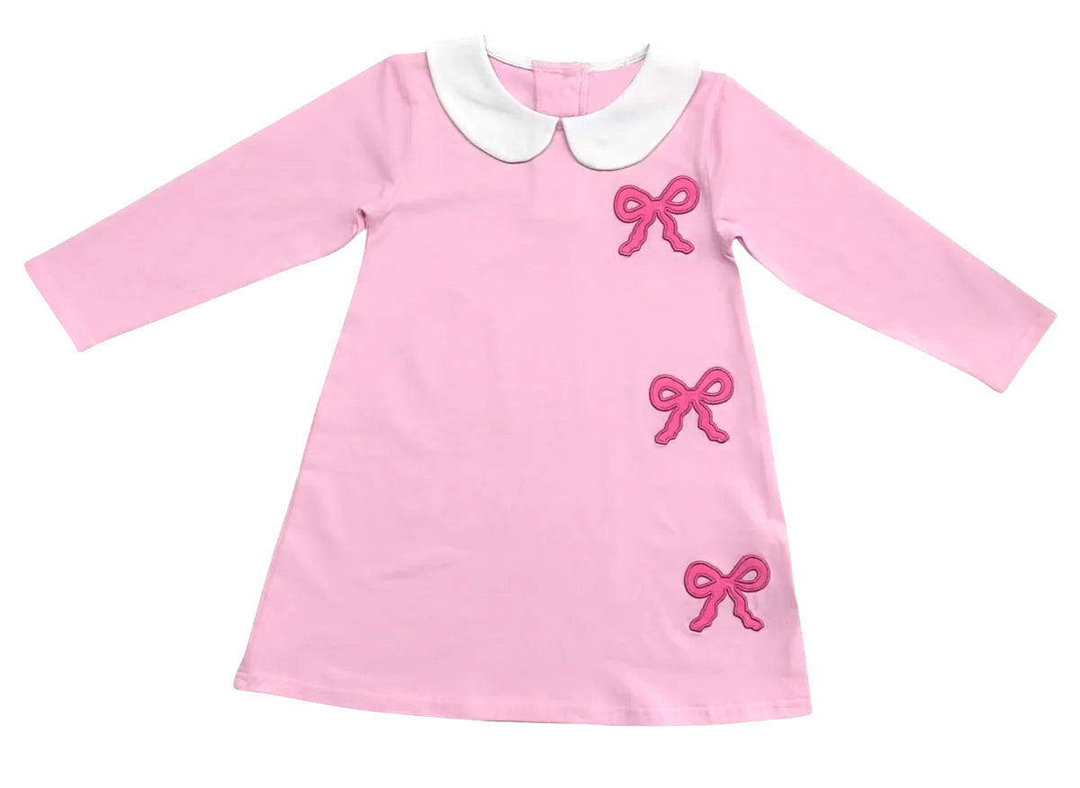 ( Moq 5 ) Preorder Baby Girls Pink Long Sleeve Bows Knee Length Dress