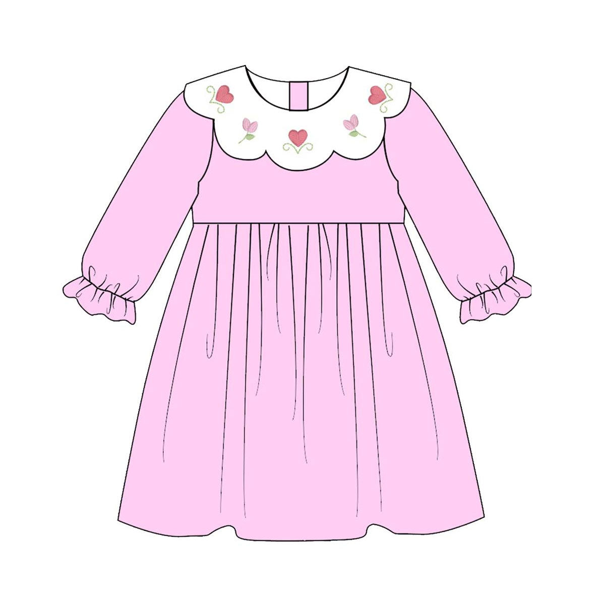 ( Moq 5 ) Preorder Baby Girls Pink Long Sleeves Hearts Flower Valentine Knee Length Dress