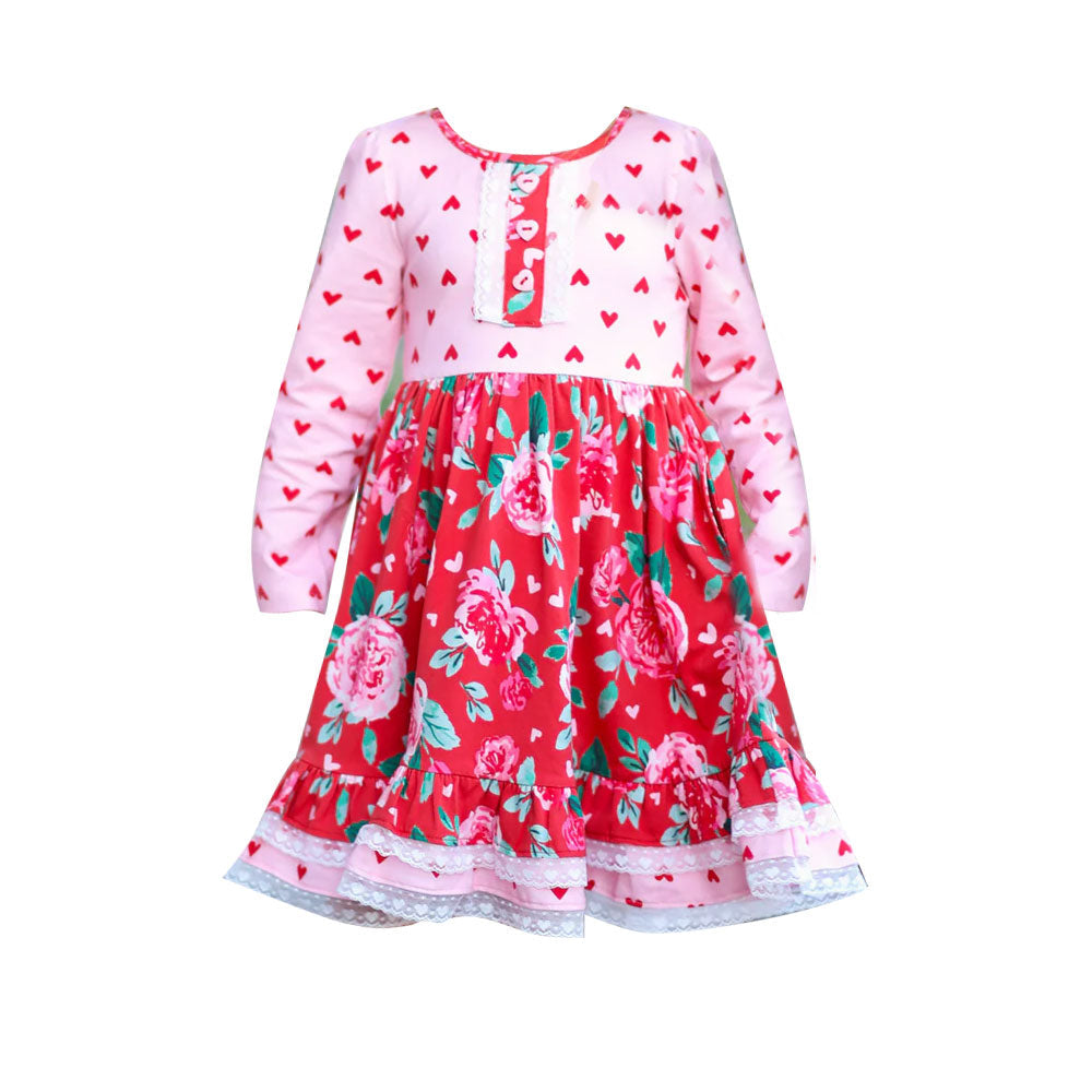 ( Moq 5 ) Preorder Baby Girls Hearts Long Sleeves Flower Ruffle Valentine Knee Length Dress