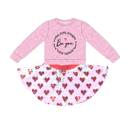 ( Moq 5 ) Preorder Baby Girls Long Sleeves Be You Tops Hearts Skirt Valentines Clothes Set