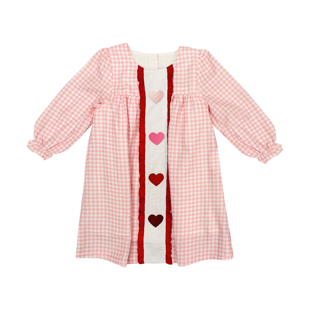 ( Moq 5 ) Preorder Baby Girls Long Sleeves Hearts Plaid Valentine Knee Length Dress