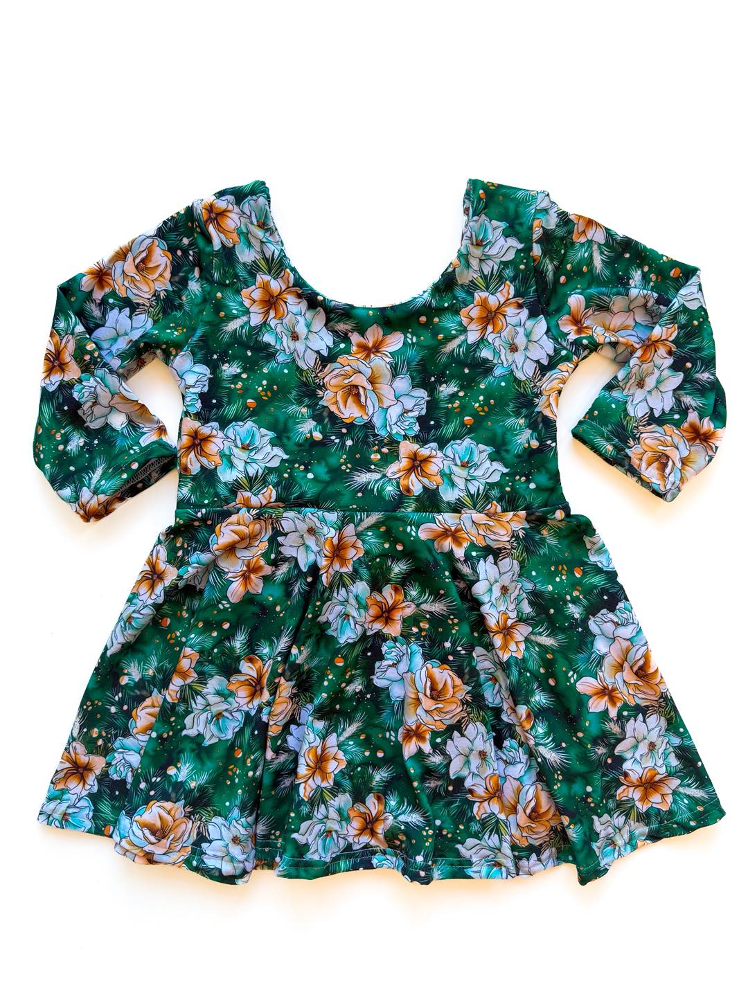 ( Moq 5 ) Preorder Baby Girls Long Sleeves Flowers Knee Length Green Dress