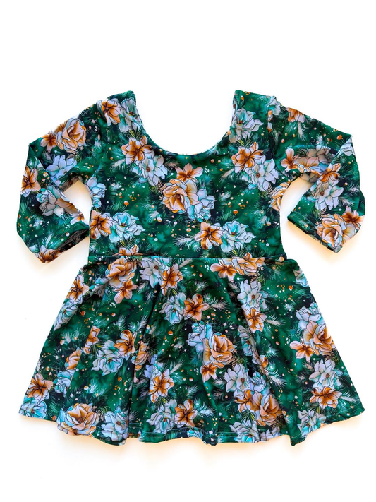 ( Moq 5 ) Preorder Baby Girls Long Sleeves Flowers Knee Length Green Dress