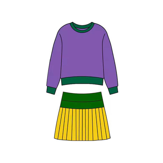 ( Moq 5 ) Preorder Baby Girl Purple Long Sleeves Shirt Green Yellow Skirt Mardi Gras Yoga Set