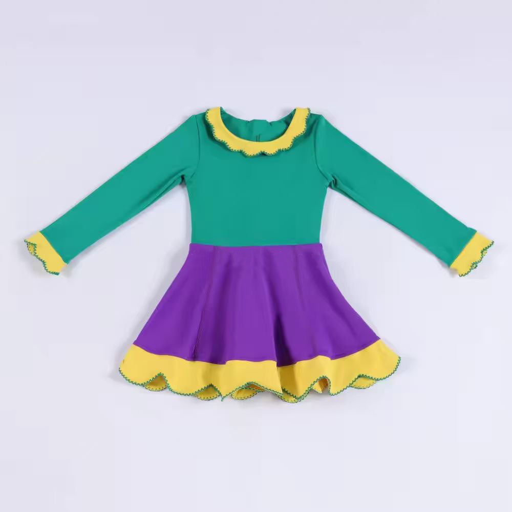 ( Moq 5 ) Preorder Baby Girls Kids Long Sleeves Mardi Gras Yoga Ruffle Knee length Dress