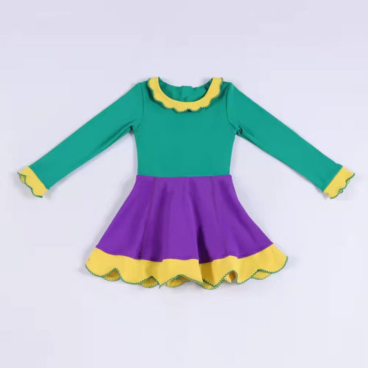 ( Moq 5 ) Preorder Baby Girls Kids Long Sleeves Mardi Gras Yoga Ruffle Knee length Dress