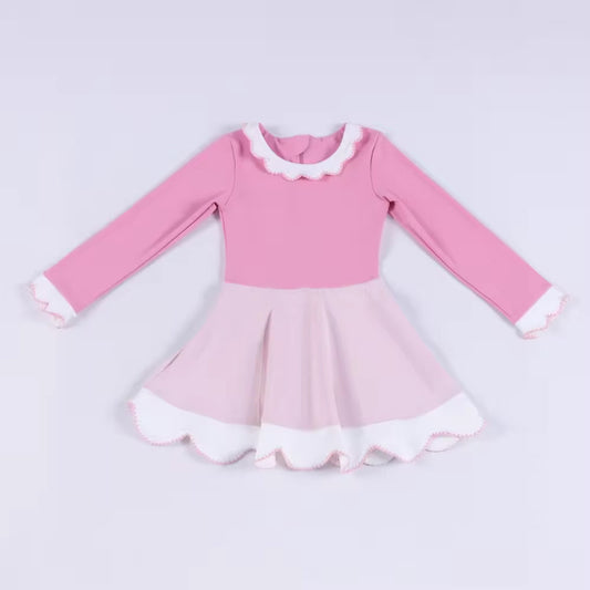 ( Moq 5 ) Preorder Baby Girls Kids Purple Long Sleeves Yoga Ruffle Knee length Dress