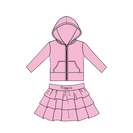 ( Moq 5 ) Preorder Baby Girls Pink Long Sleeves Pockets Zipper Hoodie Tops Skirt Yoga Clothes Set