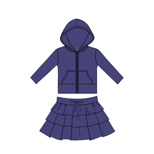 ( Moq 5 ) Preorder Baby Girls Dark Blue Long Sleeves Pockets Zipper Hoodie Tops Skirt Yoga Clothes Set