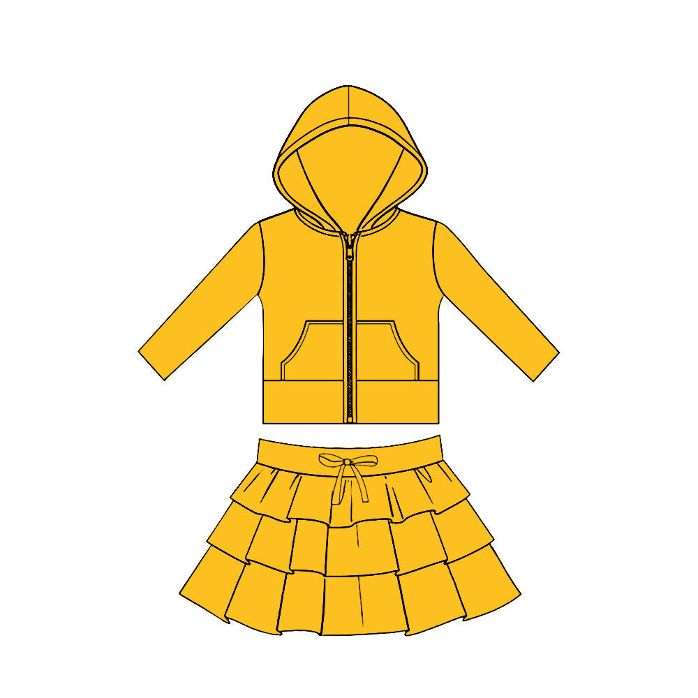 ( Moq 5 ) Preorder Baby Girls Orange Long Sleeves Pockets Zipper Hoodie Tops Skirt Yoga Clothes Set