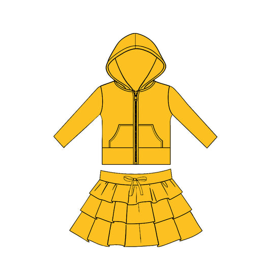 ( Moq 5 ) Preorder Baby Girls Orange Long Sleeves Pockets Zipper Hoodie Tops Skirt Yoga Clothes Set