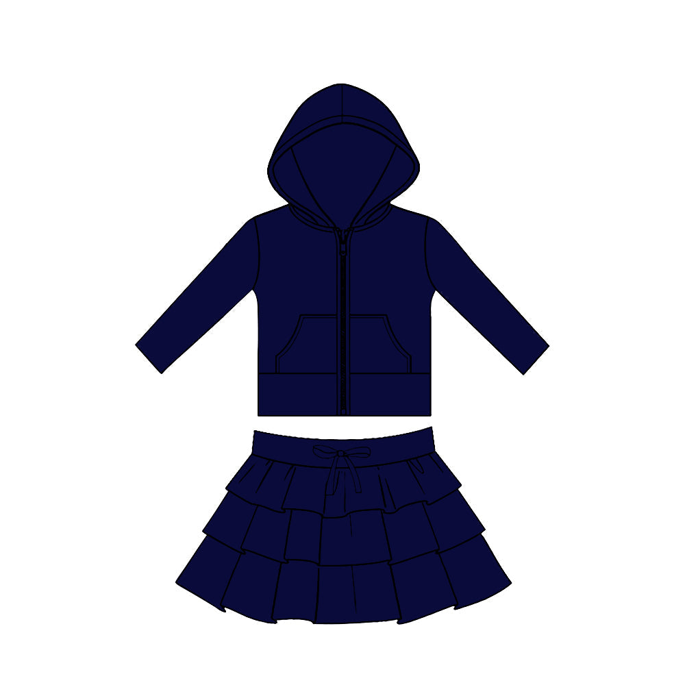 ( Moq 5 ) Preorder Baby Girls Navy Long Sleeves Pockets Zipper Hoodie Tops Skirt Yoga Clothes Set