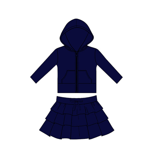 ( Moq 5 ) Preorder Baby Girls Navy Long Sleeves Pockets Zipper Hoodie Tops Skirt Yoga Clothes Set