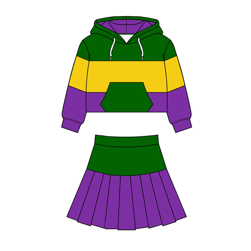 ( Moq 5 ) Preorder Baby Girls Long Sleeves Hoodie Green Pocket Shirt Skirt Shorts Yoga Mardi Gras Set