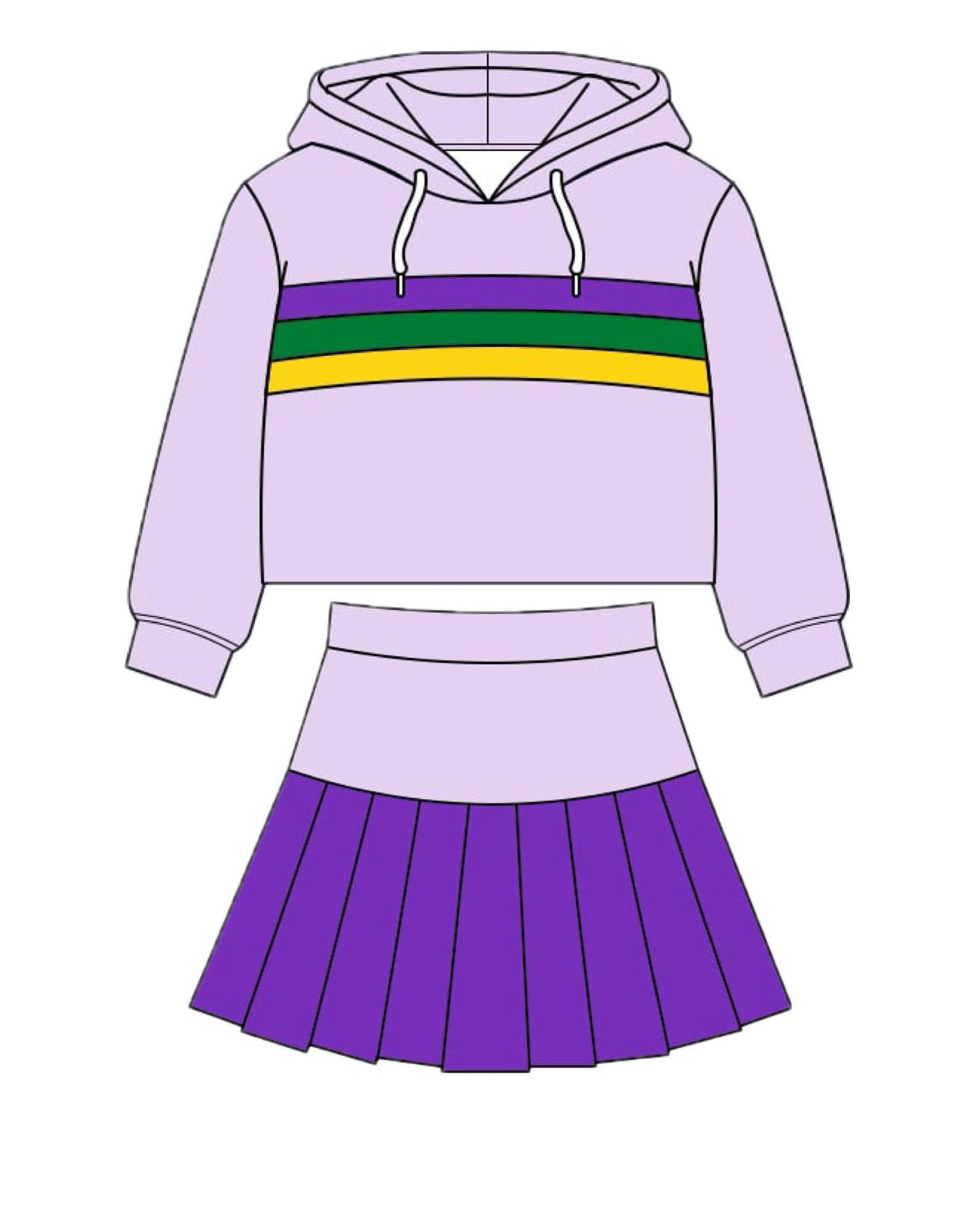 ( Moq 5 ) Preorder Baby Girls Purple Long Sleeves Stripe Hoodie Pullover Shirt Shorts Skirt Yoga Mardi Gras Set