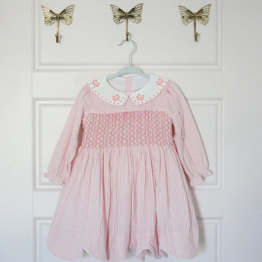 ( Moq 5 ) Preorder Baby Girls Kids Long Sleeves Bows Stripes Knee Length Dress