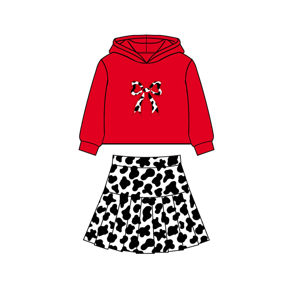 ( Moq 5 ) Preorder Baby Girls Red Hoodie Cow Print Shirt Flower Skirt Shorts Yoga Clothes Set