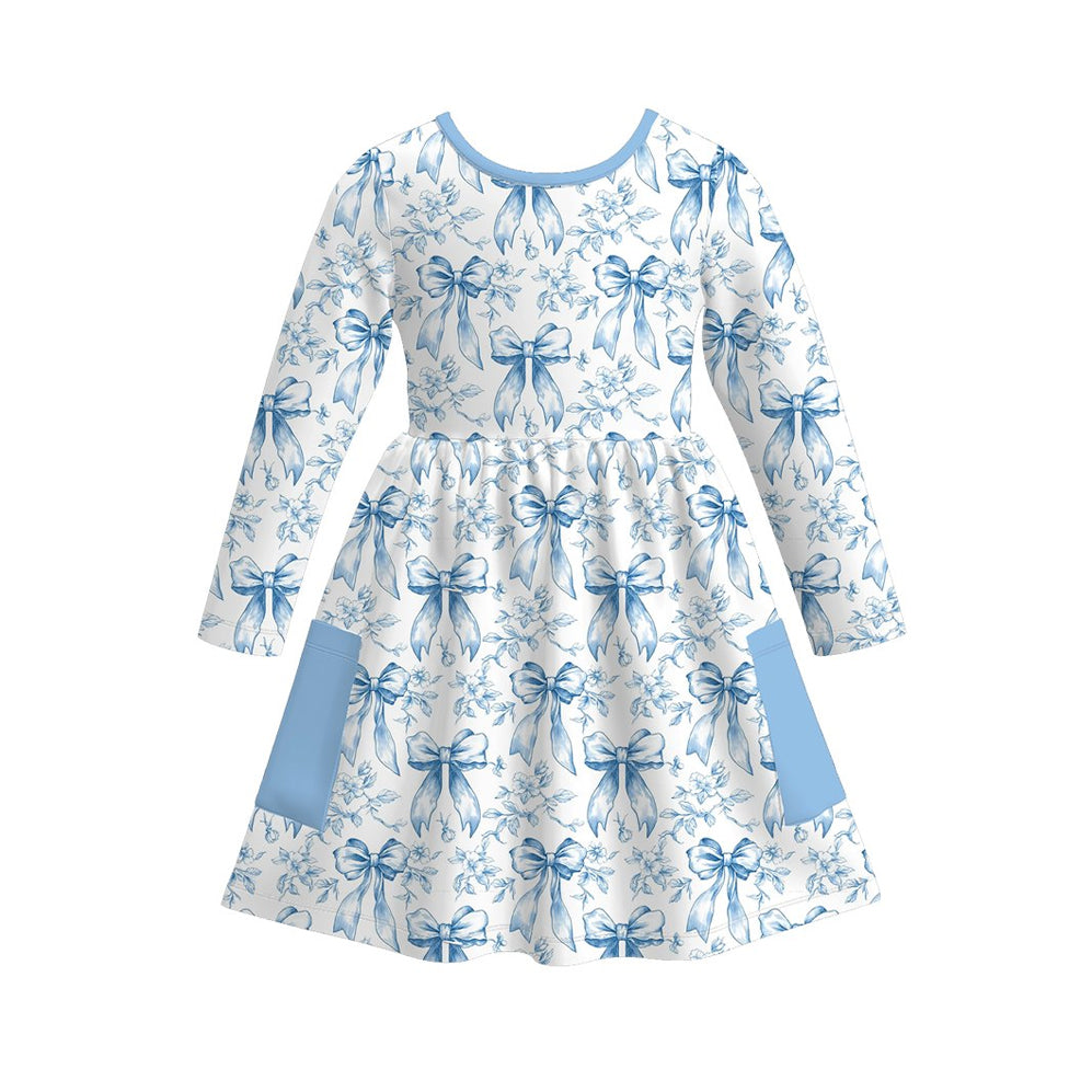 ( Moq 5 ) Preorder Baby Girls Kids Long Sleeves Bows Flower Blue Pockets Knee Length Dress