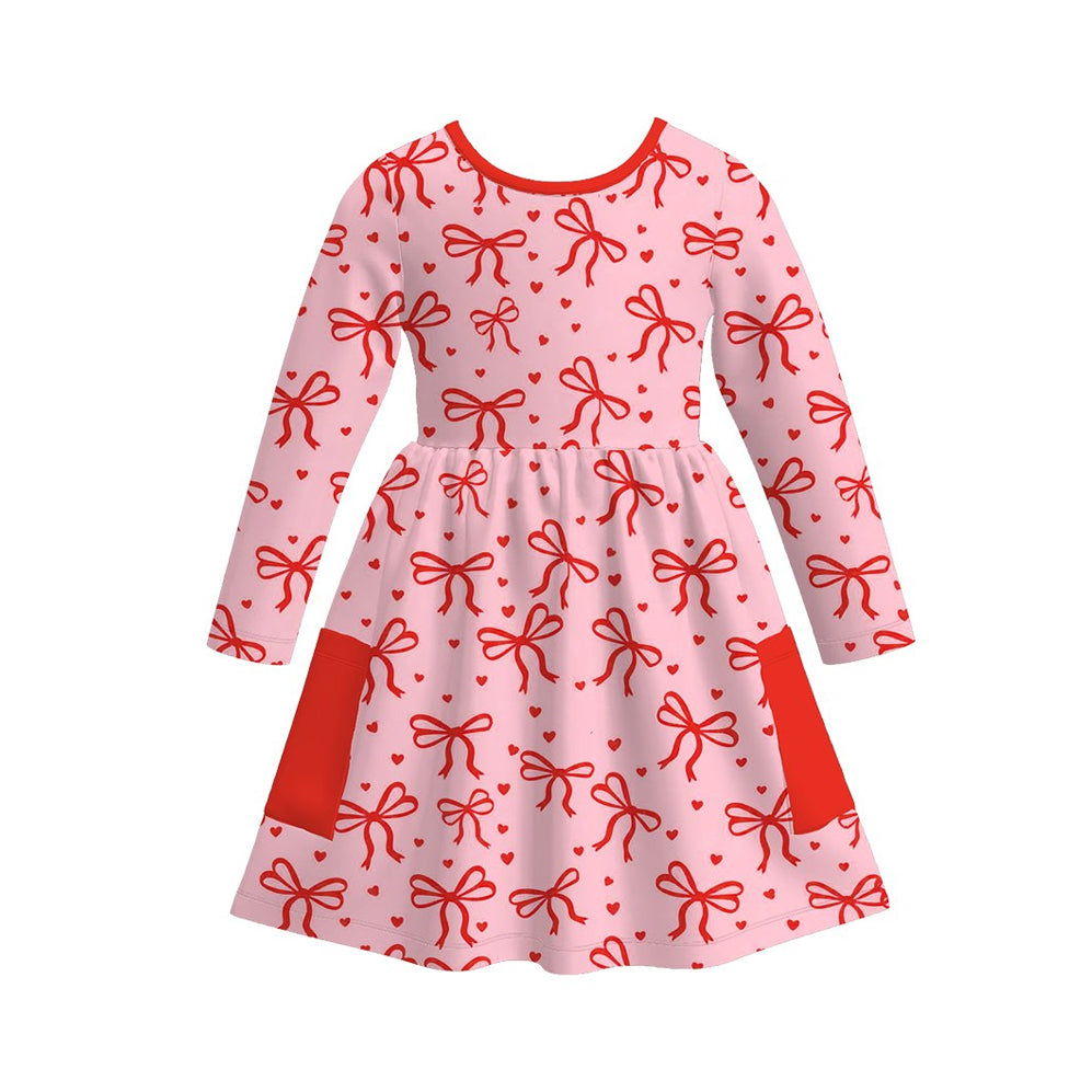 ( Moq 5 ) Preorder Baby Girls Long Sleeves Hearts Bows Pockets Valentines Knee Length Dress